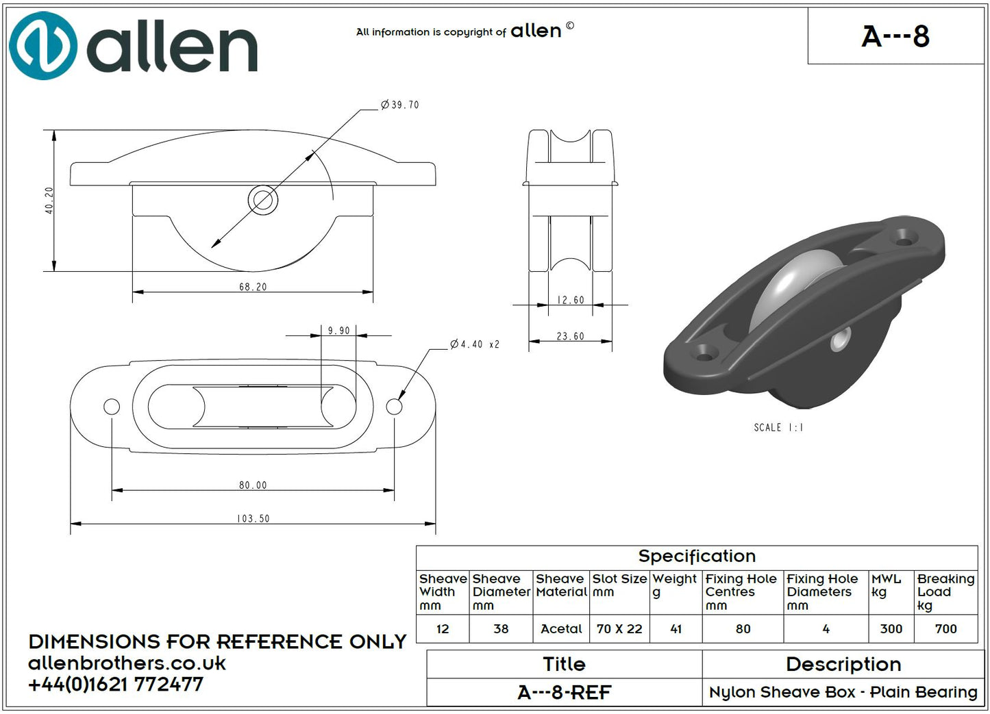 Fallrollenkasten Nylon mit 38mm Aluminium-Gleitlagerrolle